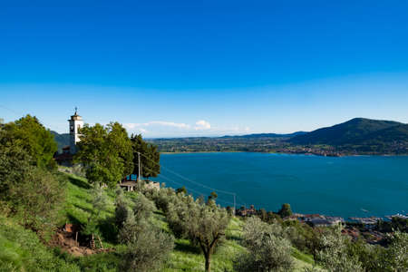 Olive fields on Lake Iseo in Lombardy in northern Italyの写真素材