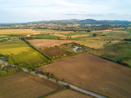 Aerial view of crop fields located in the province of Gerona in Catalonia Spainの写真素材