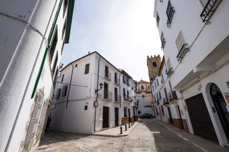 White architecture and traditional Andalusian decoration in the Villa neighborhood in the center of...