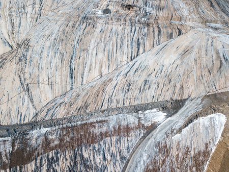 Aerial panoramic view of a land where large amounts of salt were discarded causing serious problems...