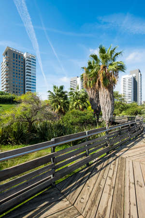 Overview of the Diagonal Mar public park with modern buildings near the 22 @ zone in the city of Barcelona Catalonia Spainの写真素材
