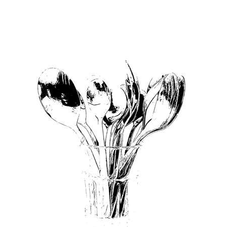 Group of modern spoons of a kitchen in an illustration made with high contrastの写真素材