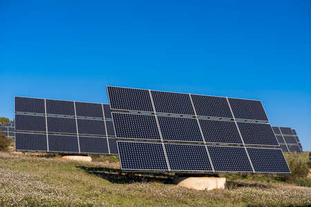 Solar cells in a rural landscape in Spainの写真素材