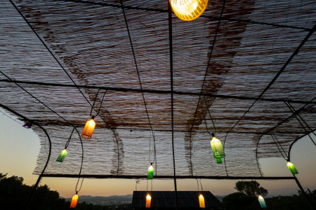 Original lamps hanging on a cane ceilingの写真素材