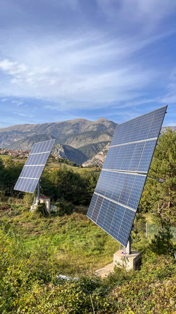 Solar panels in the Sierra del CadÃ­ in the foothills of the Pedraforca mountain in Catalonia...