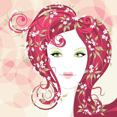 Beautiful girl with heart shaped lips and hair with flowerのイラスト素材