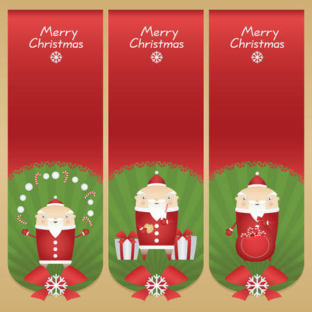 Set vector cartoon banners with flat icons Santa Claus with snowballs, candy sticks, glass of milk, cookie, presents and red sackのイラスト素材