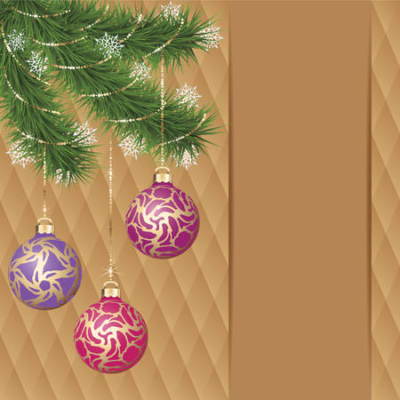 Vector gold ornament christmas balls on green pine branch. Gold diamond background greeting cardのイラスト素材