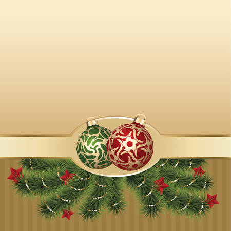 Christmas Greeting Card with golden ornament balls, green pine branch decorated stars, Vector holiday Illustrationのイラスト素材