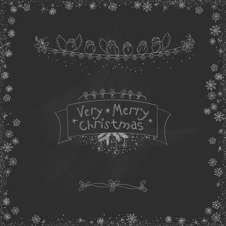 Vector vintage Christmas doodles. Seasonal hand drawn cartoon on chalk dirty boardのイラスト素材