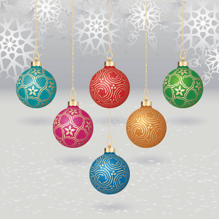 christmas balls with gold design on light background with flakesのイラスト素材