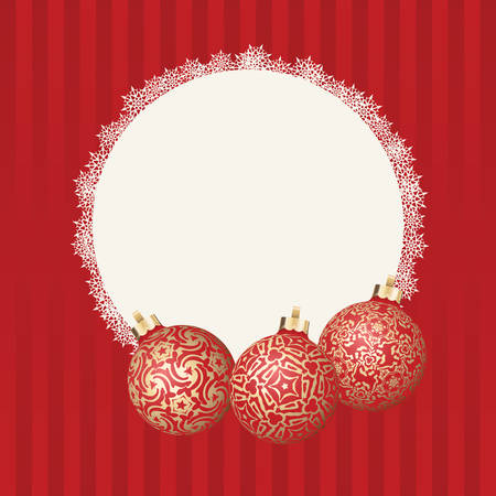 Text frame with white snowflakes border and three different Christmas balls with gold designのイラスト素材