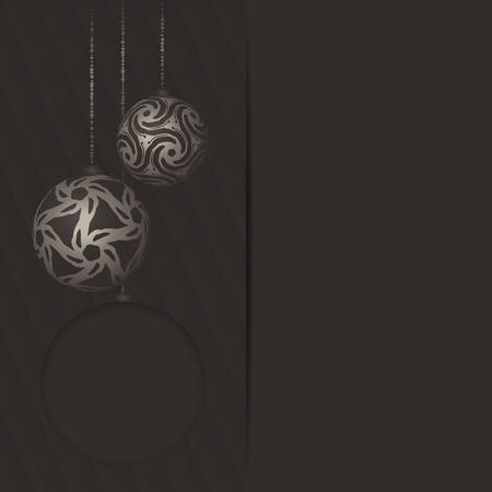 Dark gray greeting card with round text frame and different vintage silver design balls on bright ribbonのイラスト素材