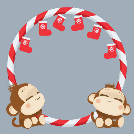 Cute lovely monkey couple. Happy New Year 2016. Vector Illustrationのイラスト素材