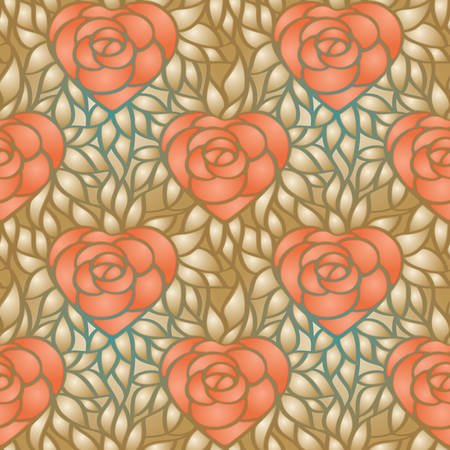 Heart shaped rose and gold leaves. Seamless pattern for background, web, wrapper paper, wallpaperのイラスト素材