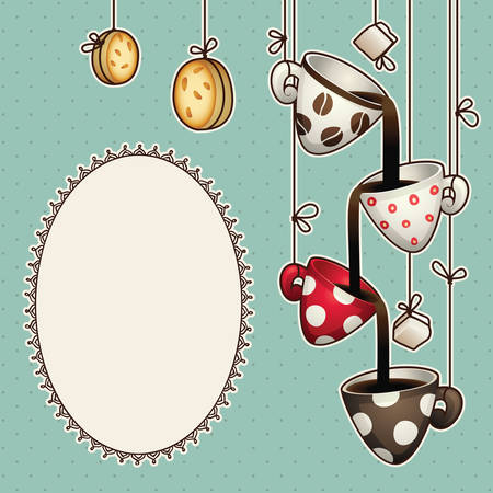 Vintage doodle set design coffee chocolate cups, cookies and sugar on ropes.のイラスト素材