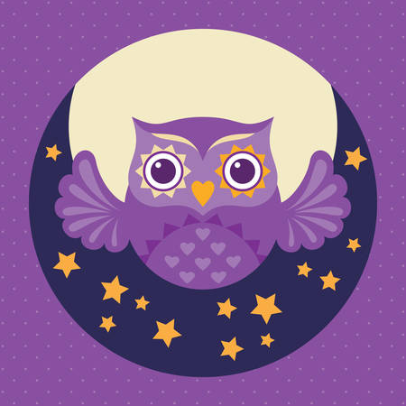Cute flat owl icon with moon and stars. Valentine's Day love card. Vector illustration.のイラスト素材