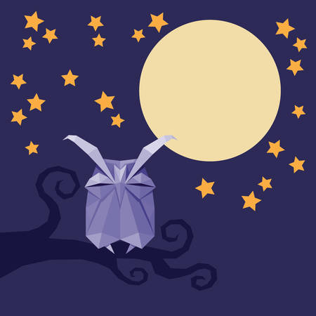 Vector origami isolated animal. Cute triangle sleeping Owl with stars and moon on night skyのイラスト素材