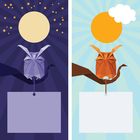 Vector origami isolated animal. Cute triangle sleeping Owl with sun,  stars and moon on night and day skyのイラスト素材