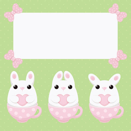 Vector card with white bunny with heart in pink tea cup and polka dots bows. Abstract flat vintage design.のイラスト素材