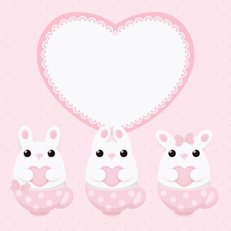 Vector card with white bunny with heart in pink tea cup and lace framed heart. Abstract flat vintage design.のイラスト素材