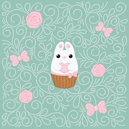 Vector card with white bunny with heart, cake, pink roses and polka dots bows. Abstract flat vintage design.のイラスト素材