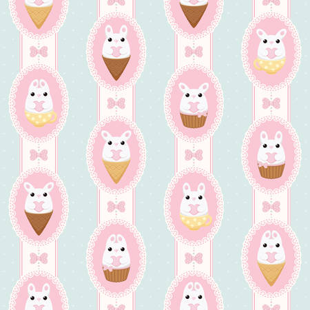 Vector pattern with white bunny with heart, ice cream, cake and polka dots bows in laced frames. Abstract flat vintage design.のイラスト素材