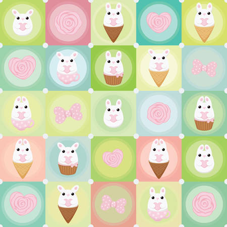 Vector checkers pattern with white bunny with heart, ice cream, cake, roses and polka dots bows. Abstract flat vintage design.のイラスト素材
