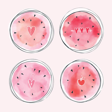Vector watercolor watermelon slices and hand drawn doodle elements about love. Hand painted circles collection.のイラスト素材