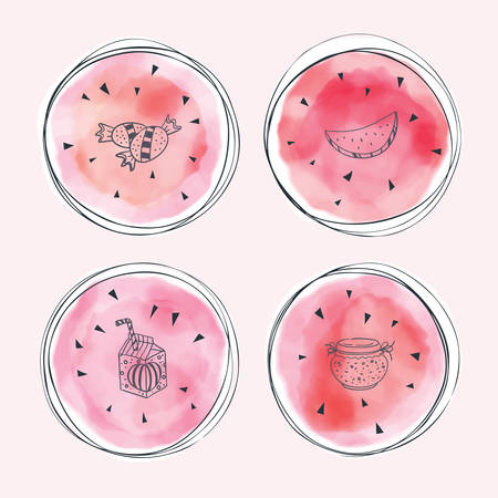 Vector watercolor watermelon slices and hand drawn doodle dessert. Hand painted circles collection.のイラスト素材