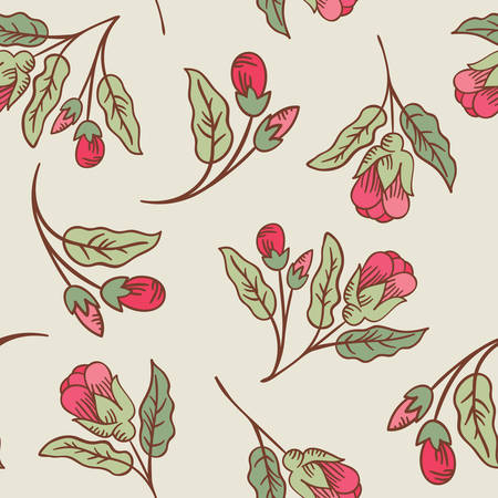 Vector vintage doodle flower branches seamless patternのイラスト素材