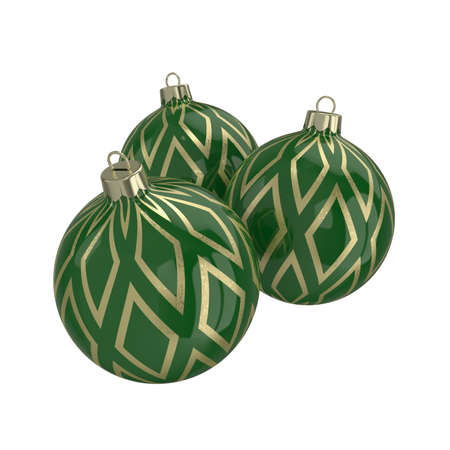 Vintage green decorative Christmas balls with gold reflect ornament. Isolated New Year image. 3D illustration.の写真素材