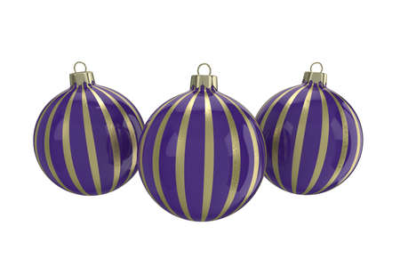 Vintage purple decorative Christmas balls with gold reflect ornament. Isolated New Year image. 3D illustration.の写真素材