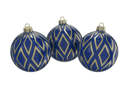 Vintage blue decorative Christmas balls with gold reflect ornament. Isolated New Year image. 3D illustration.の写真素材