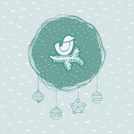 Christmas and New Year round frame with little bird sitting on tree branch symbol. Doodle illustration greeting card.のイラスト素材