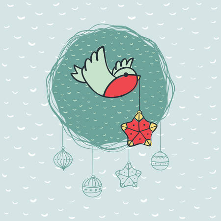 Christmas and New Year round frame with little bird holding tree decoration in beak symbol. Doodle illustration greeting card.のイラスト素材