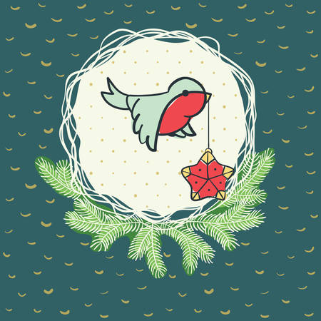 Christmas and New Year round frame with little bird holding tree decoration in beak symbol. Doodle illustration greeting card.のイラスト素材
