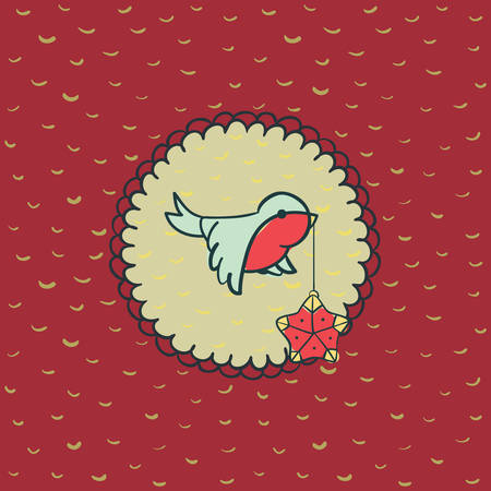 Christmas and New Year round frame with little bird holding tree decoration in beak symbol. Doodle illustration greeting card.のイラスト素材