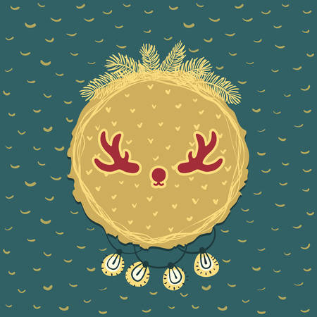 Christmas and New Year round frame with deer horns symbol. Doodle illustration greeting card.のイラスト素材