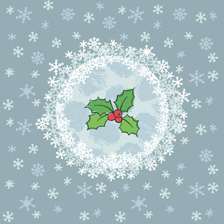 Christmas and New Year round frame with holly branch symbol. Doodle illustration greeting card.のイラスト素材