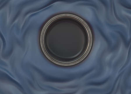 Empty round black glazed dish plate with simple shiny metallic frame on folded dark blue silk cloth fabric.の写真素材