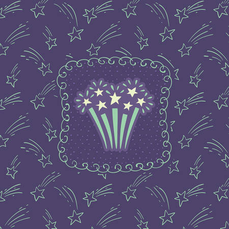 Christmas and New Year vintage ornate frame with firework sparkle symbol. Doodle illustration greeting card.のイラスト素材