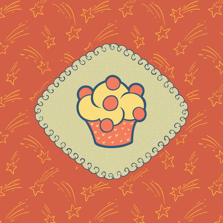 Christmas and New Year vintage ornate frame with holiday cupcake symbol. Doodle illustration greeting card.のイラスト素材