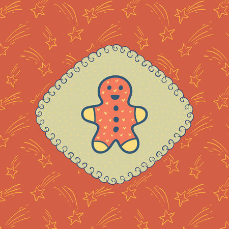 Christmas and New Year vintage ornate frame with Gingerbread Man symbol. Doodle illustration greeting card.のイラスト素材