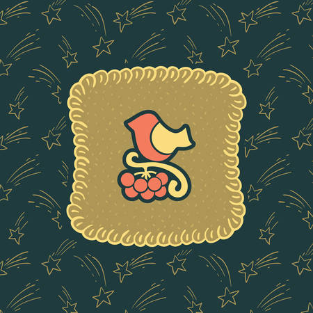 Christmas and New Year vintage ornate frame with little bird sitting on rowan tree branch symbol. Doodle illustration greeting card.のイラスト素材