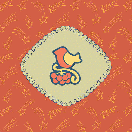 Christmas and New Year vintage ornate frame with little bird sitting on rowan tree branch symbol. Doodle illustration greeting card.のイラスト素材