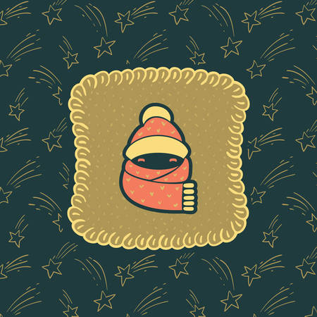 Christmas and New Year vintage ornate frame with warmly dressed child head symbol. Doodle illustration greeting card.のイラスト素材
