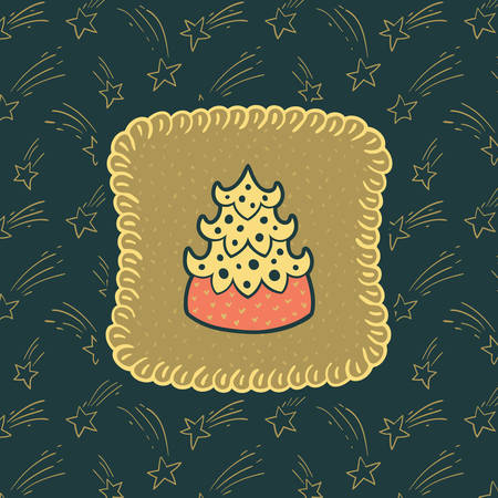 Christmas and New Year vintage ornate frame with fir-tree symbol. Doodle illustration greeting card.のイラスト素材