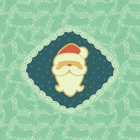 Christmas and New Year vintage ornate frame with Santa Claus head symbol. Doodle illustration greeting card. Fir tree branch background.のイラスト素材