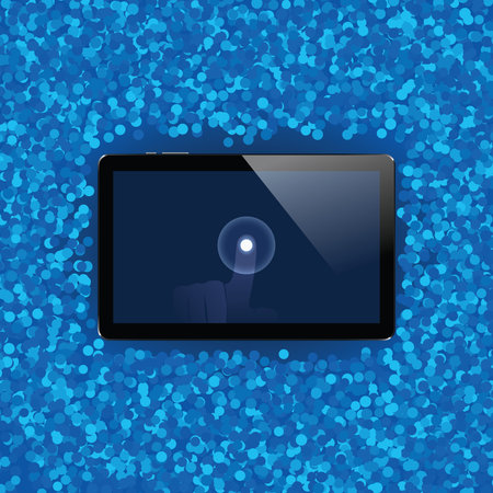 Digital tablet with shiny sensor screen with touch hand on holiday event confetti spray background....